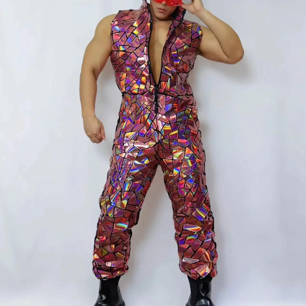 Disco Catsuit Men's Nightclub Festival DJ Outfit Holographic Mirror ...