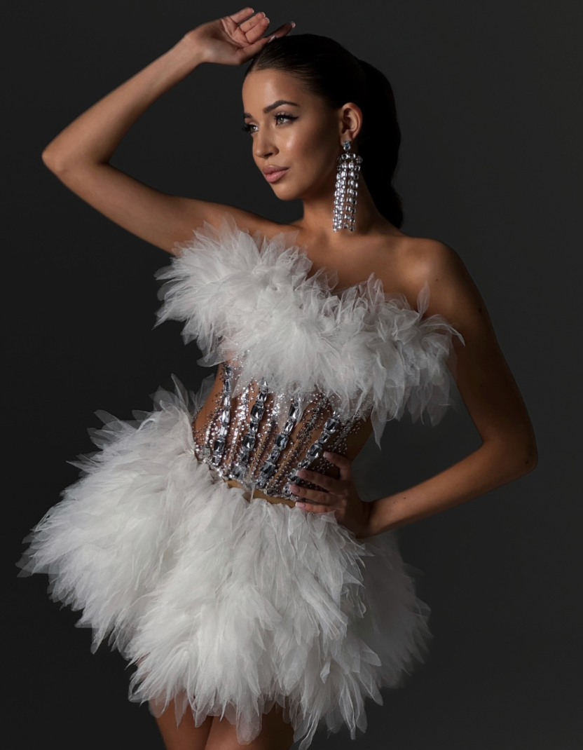 white corset feather dress Off White Feather Sirt Sheath Bridal Dress JB37327
