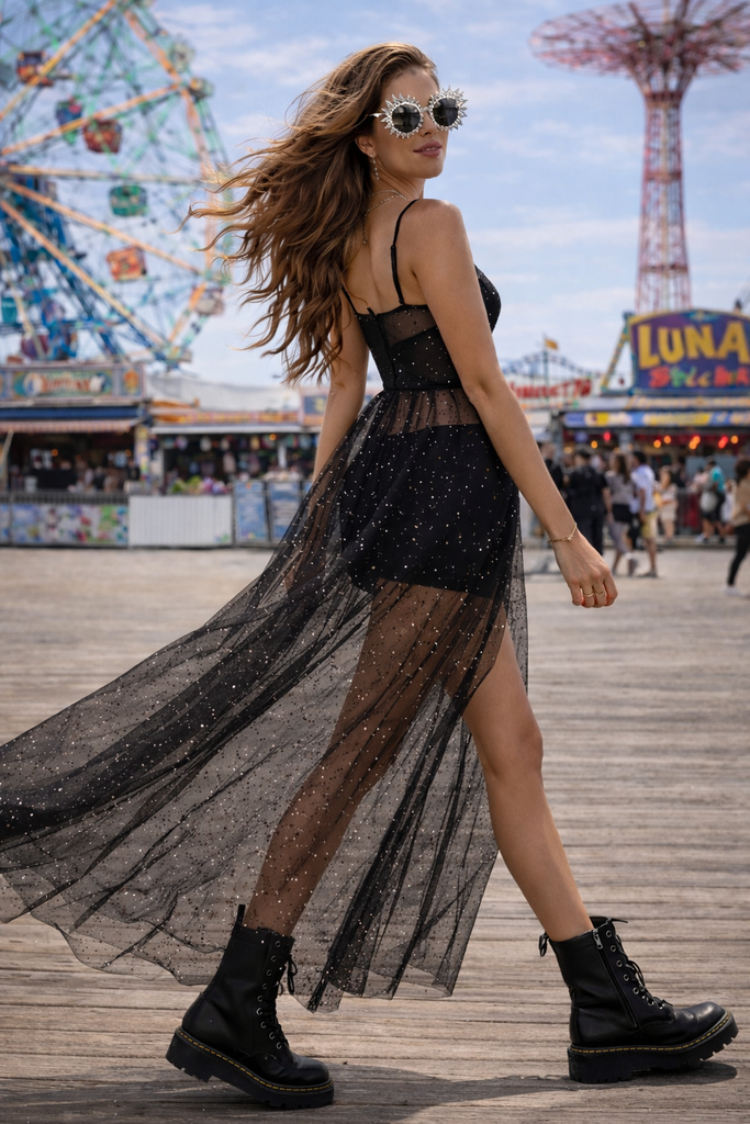 black dress festival outfit Black Sequin Tulle Festival Dress – Rave, Concert & Party Maxi Dress –  BVALLEYXOXO