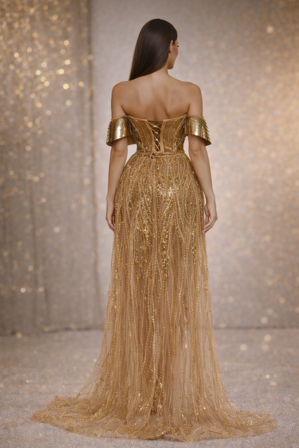 Sparkly Gold Sequin Corset Long Dress